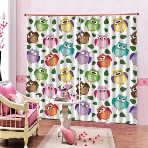 Modern Creative Cartoon Owl Green leaf Curtains Large Window For Childrens room Bedroom Half-Blackout Drapes Indoor Sets