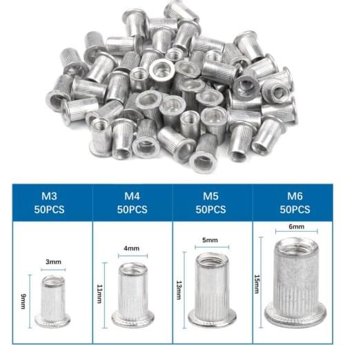 200PCS Aluminum Alloy Rivet Nuts Flat Head Rivet Nuts Set Nuts Insert Riveting M3 M4 M5 M6