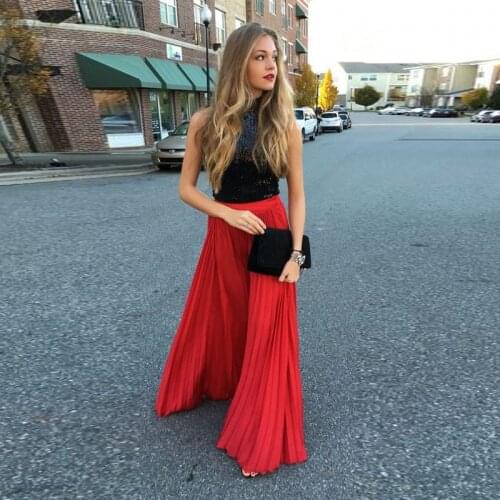 Fashion New Arrival Chiffon Long Red Chiffon Skirts For Women Pleat Zipper Style Floor Length Skirt Custom Made 2016