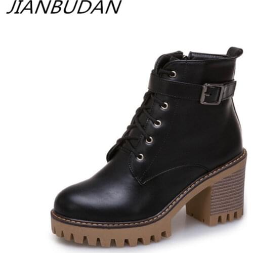 JIANBUDAN brand design autumn womens high-heel boots pu leather zipper motorcycle boots Winter plush warm snow boots 34-43