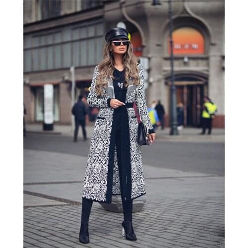 High Quality Celebrity Women Coats Cardigan Jacquard Long Think Black Fashion Jackets Outerwear