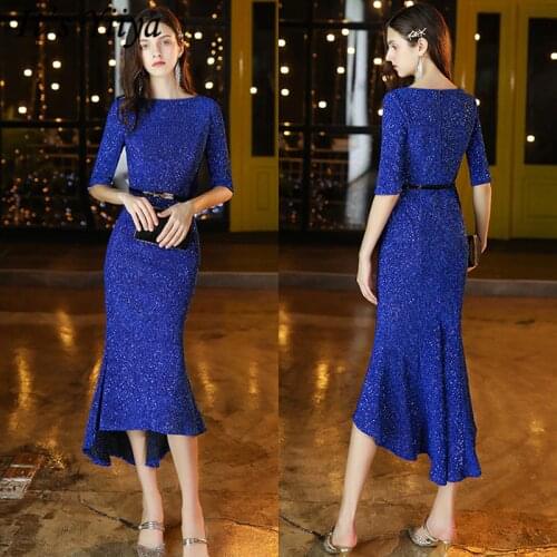 Its YiiYa Prom Dresses Half Sleeve Sequined Zipper Plus Size Vestidos De Gala K151 O-Neck Solid Dresses Women Party Night