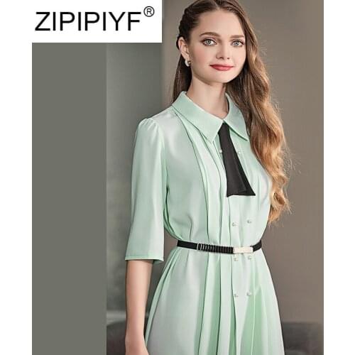 Mint Green Peter Pan Collar Half Sleeves OL Chiffon Dress 2020 New Summer Temperature Women Solid Color Pleated Dress C112