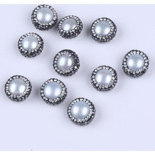 12-14mm Natural Button Freshwater Pearls Clay Crystal Pave Loose Beads
