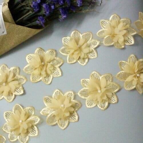 2 yard Gold Rose Flower Pearl Chiffon Embroidered Lace Trim Ribbon Fabric Sewing Craft Patchwork Handmade DIY for Costume Decor