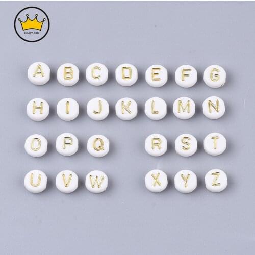 200PCS 7mm White And Gold Mixed Letter Acrylic Beads Round Flat Alphabet Loose For Jewelry Making Handmade Diy Bracelet Necklace