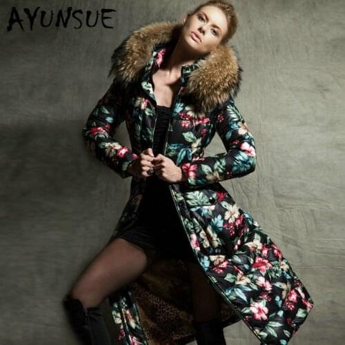 AYUNSUE Natural Raccoon Fur Hooded Womens Winter Down Jacket Woman Duck Down Coat Female Floral Long Down Parkas 2020 RY176