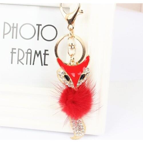 Red Fox Feather Pendant Charm Rhinestone Crystal Keyring Key Chain for Handbag Purse Carkey Wedding Girl Gift