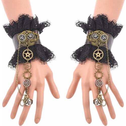 Handmade Steampunk Gears Black Lace Brown Belt Wrist Cuffs Punk Wristbands Gears Vintage Fake Cuffs Gothic Cosplay Accessories