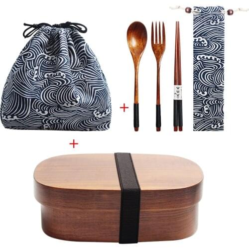 Wooden Lunch Box Picnic Japanese Bento Box for School Kids Dinnerware Set with Bag&Spoon Fork Chopsticks Round Square Lunch Box