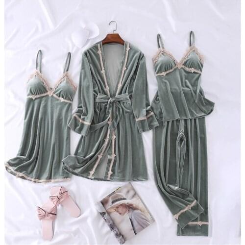 Fdfklak 4 Pieces Golden Velvet Pajamas For Women Sexy Sleepwear With Chest Pad Pyjama Set Autumn Winter Warm Female Nightwear