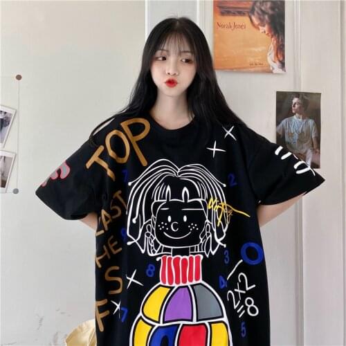 Plus Size Women Black Cartoon Tshirt Fashion Print Simple T-Shirt Summer Ladies Casual Loose Straight Top Tee Shirt Tunics