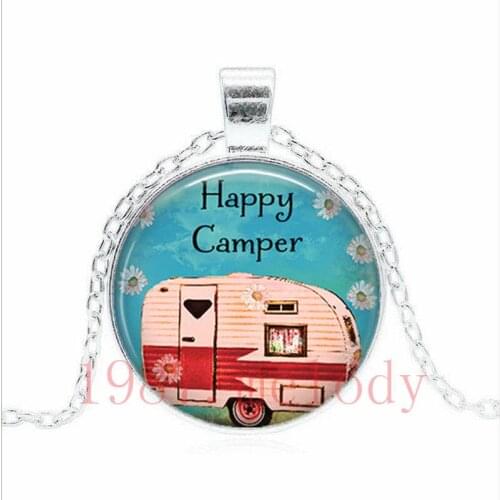 Happy Camper Vintage Photo Cabochon Glass Chain Necklace,Charm Women Pendants Fashion Jewelry Gifts