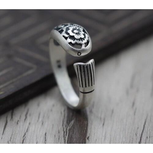 S925 Sterling Silver Jewelry Thai Silver Retro Fish Shape Hollow Peony Flower Ring Open Adjustable Ring