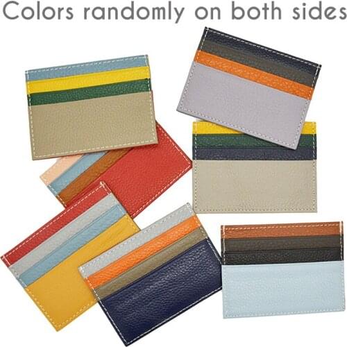 100% Genuine Leather Random Mixed Color Litchi Grain Multi Patchwork Card Wallet Credit ID Card Holder for Men Women