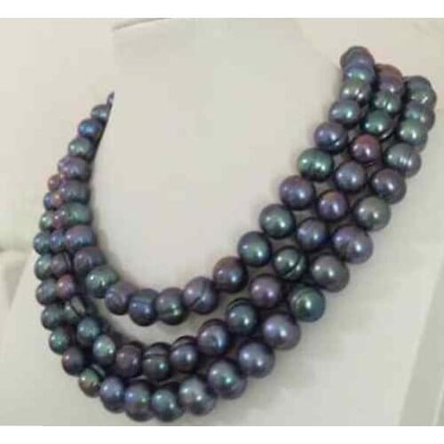Beautiful 11-12 mm tahitian black green baroque pearl necklace 48inch