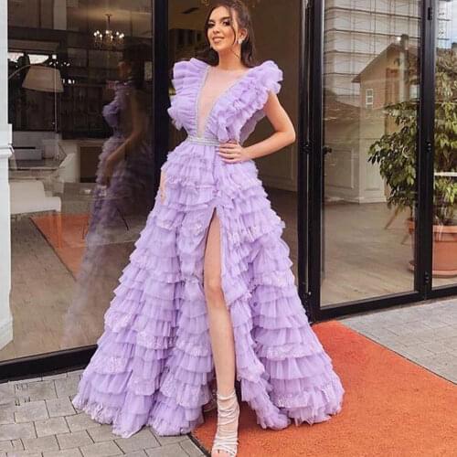 Lavender \Lilac Party Gowns A-line Net/Tulle Jewel Evening Dresses Sweep/Brush Front/Side Slit Sleeveless Layered Party Dresses