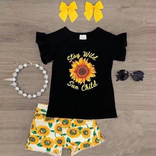#VW Toddler Kids Girls Summer Fashion Suit Letter Ruffle Short Sleeve Tops+Sunflowers Shorts Outfits Sets одежда для девочек