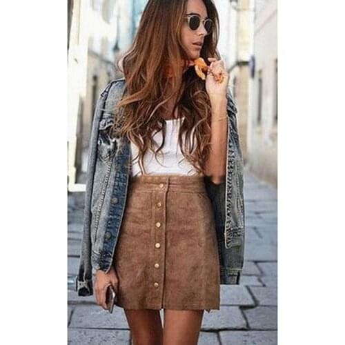 Solid Button Skirts Suede Leather Preppy Female Short Mini Pencil Skirts Fashion Women Empire Waist Sexy Streetwear Polyester