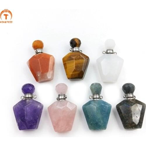 Natural Faceted Stone Perfume Bottle Pendant Crystal Essential Oil Diffuser polygon Urn Vial For Necklace Jewelry Making