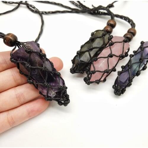 Natural Crystal Stone Points+Black Wrap Net Bag Rose Quartz Amethyst Fluorite Wand Reiki Healing Gemstone with Adjust Weave Rope
