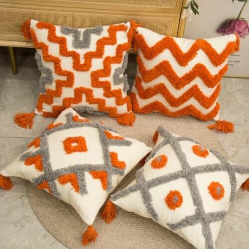 Nordic Style Orange Gray Tufted Throw Pillow Case with Tassel Boho Woven Geometric Striped Square Cushion Cover Decor