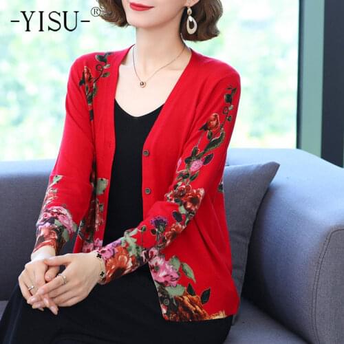 YISU New Women clothing Cardigans Sweater V-Neck Peony printing Knitted Coat Cardigan Single Breasted Casual Knit Jacket Sweater