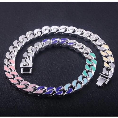 Hip Hop Bling Necklace Iced Out Crystal Cuban Prong Chain Zircon Necklaces Bracelet Stainless Steel For Men Rapper Jewelry
