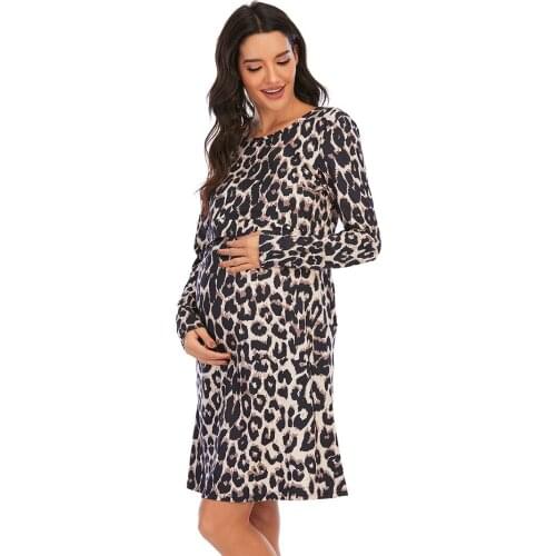 Maternity Dress Casual Leopard Print Women Long Sleeve O-collar Breastfeeding Nursing Loose Outer Wear Dress Pregnant Clothes