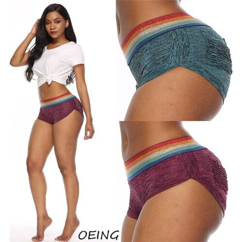 Rainbow Color Patchwork Workout Shorts Women Gym Yoga Clothing Seamless Stretchy Sexy Tights Sport Pants