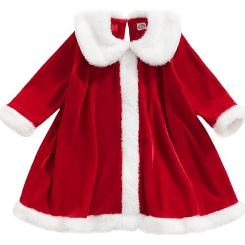 Christmas Kids Girls Dress 2021 New Autumn Winter Tollder Girls Coral Fleece Splicing Color Peter Pan Neck Long Sleeves Dress