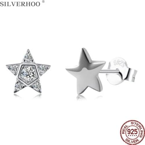 SILVERHOO Genuine 925 Sterling Silver Earrings For Women Shining Cubic Zirconia Star Stud Earring Fine Jewelry Anniversary Gift
