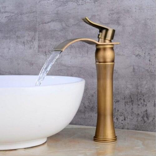 Basin Faucet Single Handle Antique Bronze Waterfall Basin Mixer Tap Hot & Cold Bathroom Faucets Sink Waterfall Faucet Drain