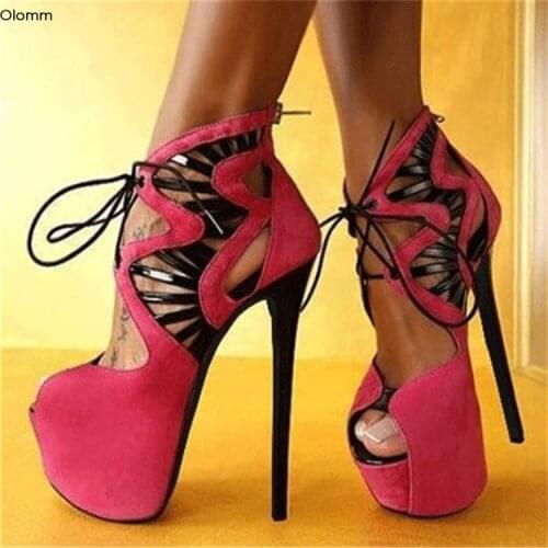 Olomm New Fashion Women Platform Sandals Sexy Stiletto Heels Sandals Open Toe Gorgeous Pink Party Shoes Women US Plus Size 5-15