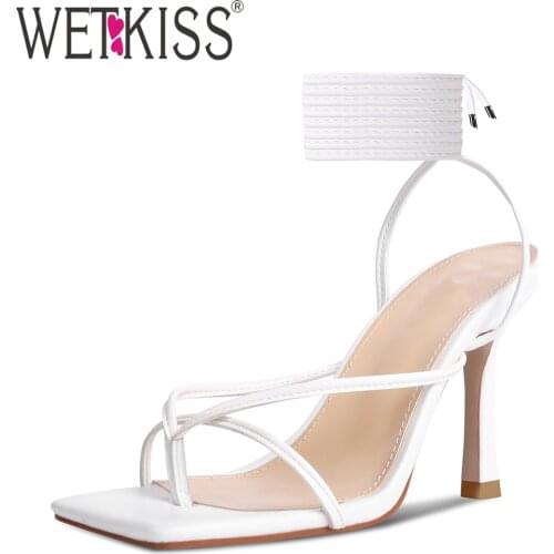 WETKISS Womens Stiletto High Heels Thong Sandals Strappy Open Toe Lace Up Heeled Sandals Flip Flops Shoes