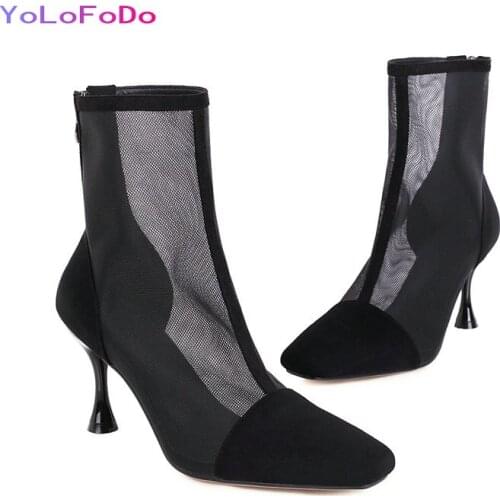 Black Apricot Women Summer Boots Faux Suede Thin High Heel Ankle Boots Fashion Square Toe Zipper Ladies Mesh Boots Big Size 43