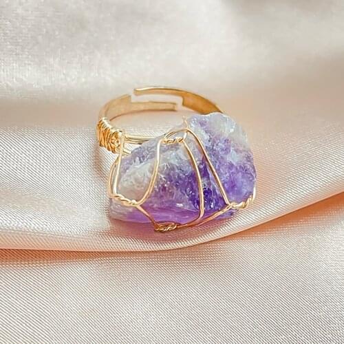 2021 New Natural Stone Rings for Women Amethyst Aquamarine Pink Crystal Colorful Irregular Stone Healing Resizable Ring