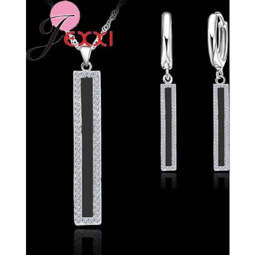 Retro Long Geometric Pendant Necklace Earrings Genuine 925 Sterling Silver Jewelry Sets for Women Bridal Anniversary Gifts