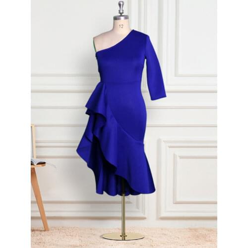 2021 Asymmetry Elegant Dresses Blue Sexy One Shoulder Women Bodycon Ruffles Prom Robe Irregular Slim Fit Dinner Party Dress