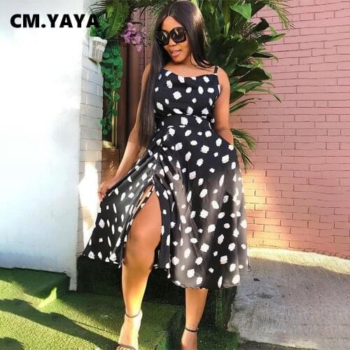 CM.YAYA Women Midi Dress Dot Print Sleeveless Strap Shirring Splited Loose Dresses Fashion Vintage Vestidos Summer Outfits 2021