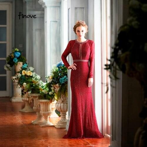 Finove Fashion Mermaid Luxury Evening Dress Long Sleeves With Fully Beaded O Neck Backless Floor Length Formal Gowns Plus Size