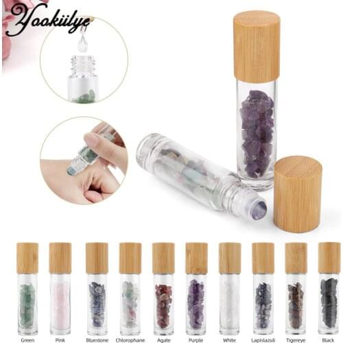 1pc 10ml Natural Gemstone Jade Roller Bottle Bamboo Grain Lid Refillable Essential Oil Bottle Empty Glass Bottle with Jade Stone