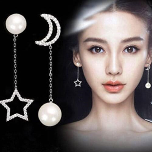 2021 New Arrival Crystal Trendy Star Women Dangle Earrings Star-moon Asymmetric Earrings Drop Pearl Earrings Womens Jewelry