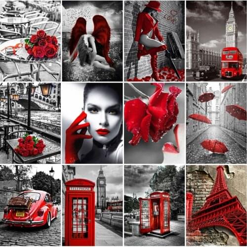 AZQSD Diamond Painting Rose City Red And Black Cross Stitch Handicraft Rhinestones Diamond Embroidery Scenery Mosaic Home Decor