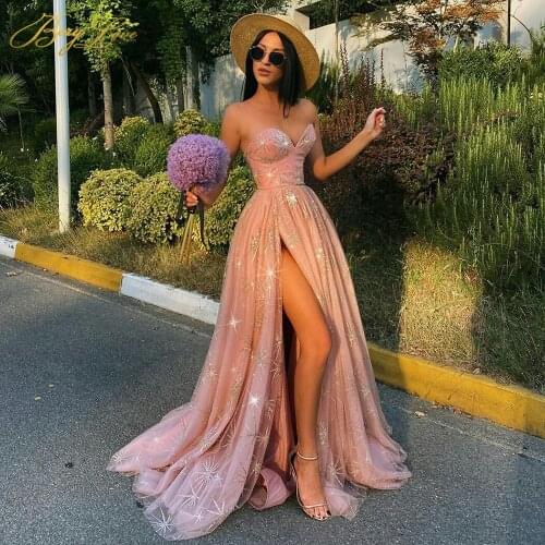 Glitter Pink Prom Dress Strapless Sleeveless High Split Prom Dresses Woman Party Night Floor Length Robe de soiree