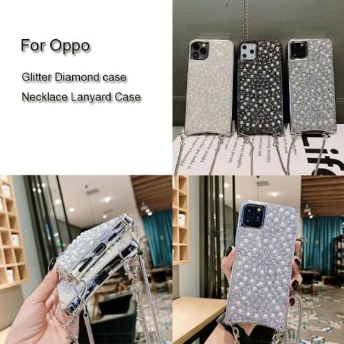 TPU Soft Silicone Bling Glitter Pearl Crystal Necklace Lanyard Diamond Crossbody Phone Case For Oppo R15X/K1 R17 R15 Case Cover