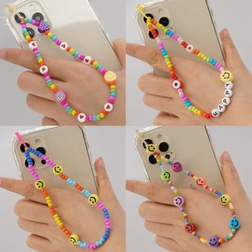 Colorful Cute Smile Face Beads Phone Straps Holder Phone Case Chains Strap Fashion Women Phone Chain Lanyard