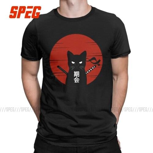 Samurai Cat Men T Shirts Ninja Japanese Style Leisure Tees Short Sleeve Crewneck T-Shirts 100% Cotton 4XL 5XL Gift Idea Tops
