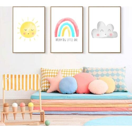 Nursery Colorful Sunshine Canvas Painting Dream Gig Little One Quotes Wall Art Cartoon Rainbow Cloud Picture Decor for Baby Room