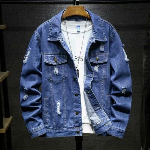 Spring autumn new men hole denim jacket trend handsome trendy Streetwear Jeans Coats Long Sleeve Ripped Casual Loose Tops